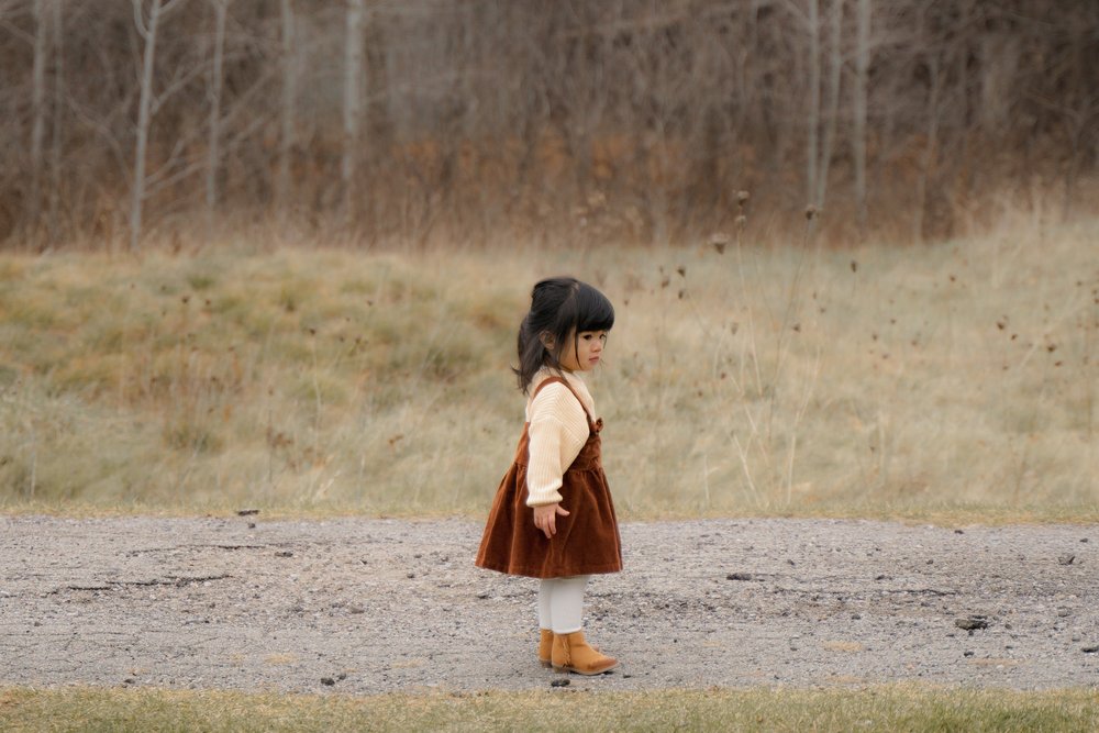 A young child in a brown dress stands alone on a quiet path in a natural setting, with soft grass and bare trees in the background, creating a peaceful and reflective moment.